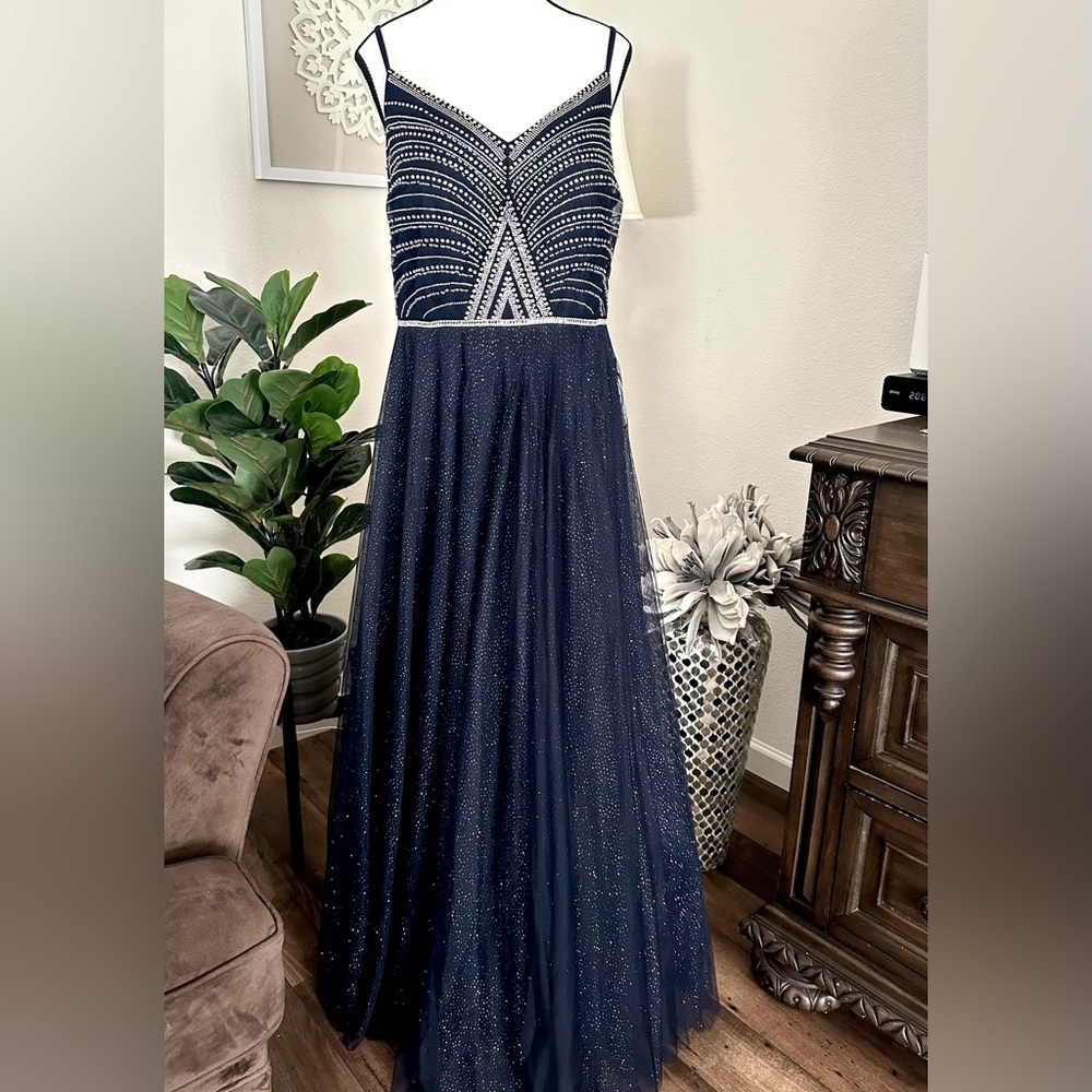 NWT TLC Say Yes To The Prom Navy Formal Dress Spaghetti Strap Rhinestone 20W